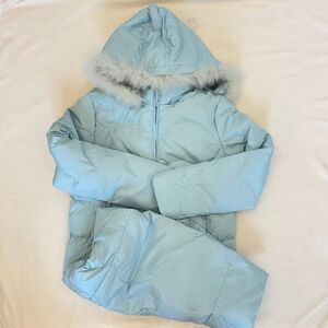 Sky Blue and White Long Down Puffer Jacket Youth L
